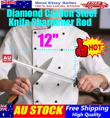 12 Inch Diamond Knife Sharpening Steel Honing Rod Oval Stick Kitchen Sharpener • $17.92