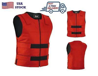 Men Bullet Proof Style Leather Motorcycle Vest For Bikers Tactical Waistcoat Red • $99.99