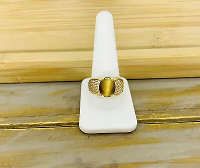 Vintage Men's 10kt Solid Yellow Gold Oval Cabochon Tigger Eye Rigged Ring Sz 12 • $499.95