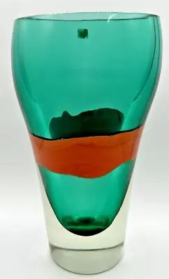 Vintage Murano Art Glass Teal And Orange Large 11  Tall .5  Wide Vase U256 • $399.99