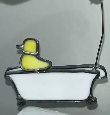Vintage Metal Stained Glass Rubber Duck In Bathtub Artwork  Handmade Sun Catcher • $14