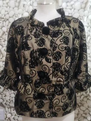 ECI New York Brown Black Velvet Floral Ruffle Button Jacket Pockets Size 12 • $11.96
