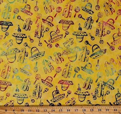 Cotton Batik Mexican Sombreros Maracas Music Fabric Print By The Yard D301.58 • $13.95