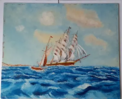 Oil On Board Painting Of Galleon At Sea With Clipper Signed J-Rex Circa 1960s • £75