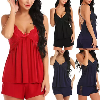 2PCS Womens Sexy Lingerie Lace Cami Tops Shorts Pajamas Set Nightwear Sleepwear • £7.19