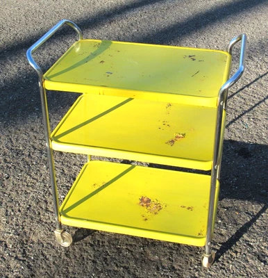 $125 • Buy VTG COSCO YELLOW 3 TIER Metal UTILITY KITCHEN CART Clear Plastic Wheels Chippy