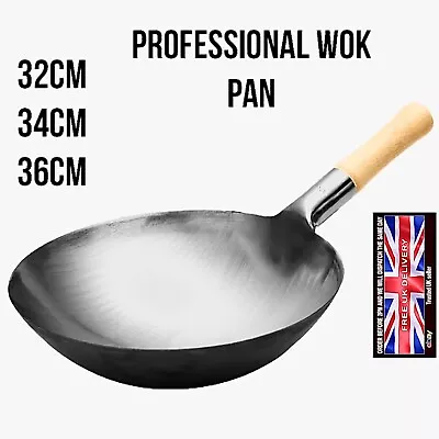 Black Carbon Steel Wok Sturdy Wooden Handle All Heat Sources Round Frying Pan • £19.99