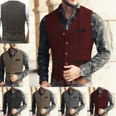 Hunting Mens Houndstooth Waistcoats Tweed Vests Vintage Herringbone Wool Wedding • $18.99