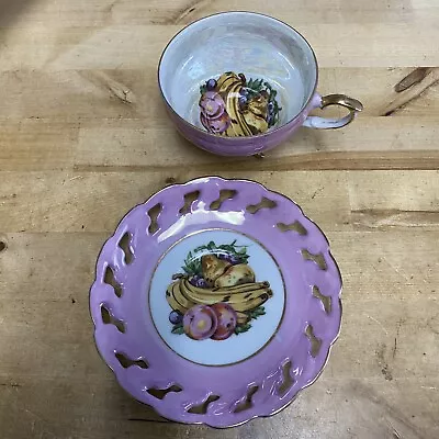 3 Footed Tea Cup & Saucer Gold Rim Fruit Japan Pre-Owned • $14.99