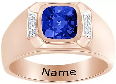 Cushion Simulated Blue-Sapphire Personalised Engravable Men's Band Ring Silver • $79.45
