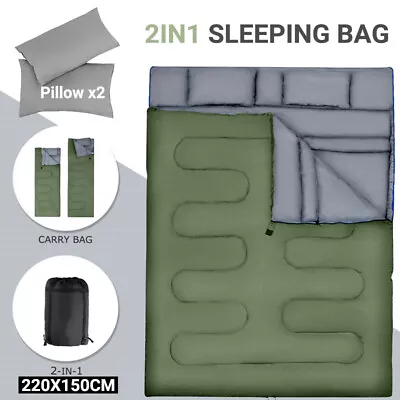 Single/Double Sleeping Bag 4 Season Waterproof Camping Hiking Envelope Zip Bags • £14.24
