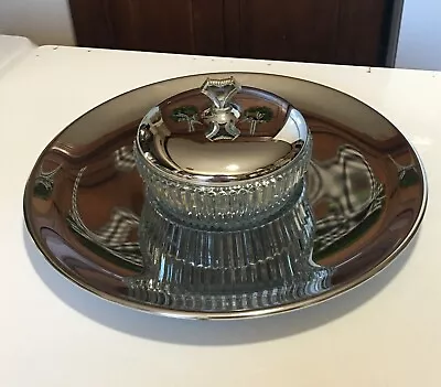 Vintage 60s MCM Kromex 13  Round Serving Tray Chip N Dip Glass Bowl W/Lid • $12