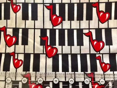 HEART MUSICAL NOTE PIANO KEY MUSIC COTTON FABRIC FQ 18 X22  PERFECT FOR MASKS! • $6.50