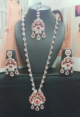 New Indian Long Rani Necklace Earrings Tikka Jewellery Set Silver Red • £18.98