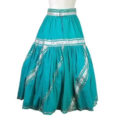 Vintage 50s Patio Square Dance Skirt S Teal Green Metallic Silver Full Circle • $49.69