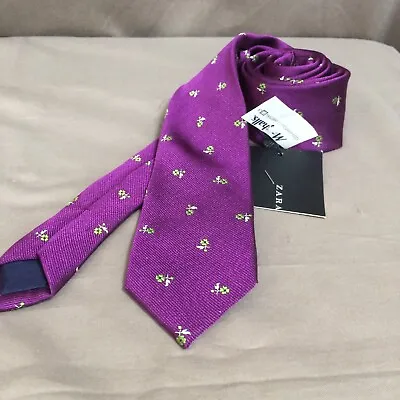 NEW Zara Tie Necktie 100% Silk Purple Skinny 2 3/8” Wide Small Flower Print NEW • $17.60