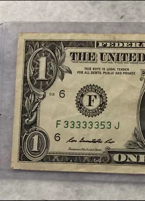 US Dollar Bill - Wonderful Fancy Serial Number - F  33333353  J Lucky Number 3's • $3.25