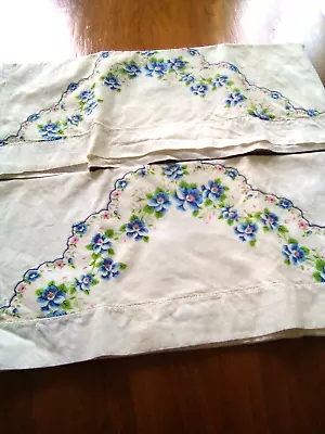 Vintage Pillow Cases Standard Sz Blue Floralhankies Design • $7.77