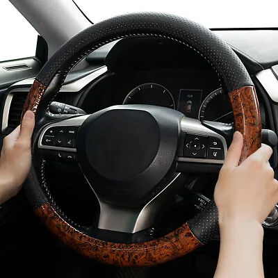 Luxury Car Steering Wheel Cover Mahogany Wood Pattern PU Leather Steering Cover • $24.70