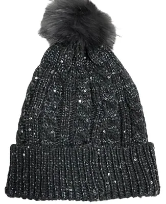 Torrid Beanie Hat Sequin Pom Pom One Size Dark Gray Cable Knit Design NWT • $24.99