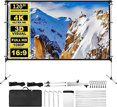 $215 • Buy Projector Screen Portable / Stand 120 Inch FHD 4K 3D Indoor Outdoor 16:9