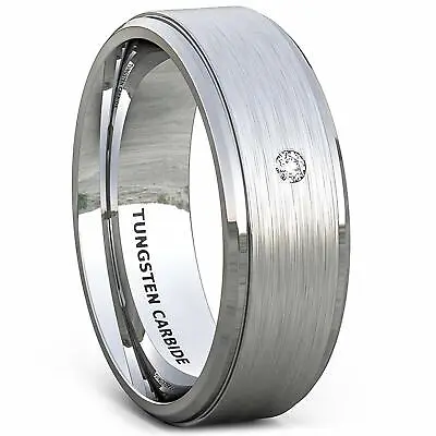 Mens Jewelry Tungsten Ring Brilliant Solitare Stone Brushed Wedding Bands Gift • $159.92