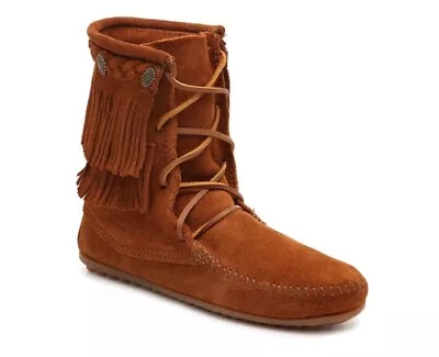 Minnetonka Double Fringe Tramper Brown Suede Boot Size 7 • $40