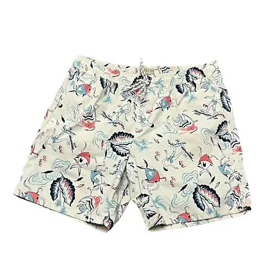 J.CREW Original Swimwear Fish Print Swim Trunks Board Shorts Off White Lined L • $16.35