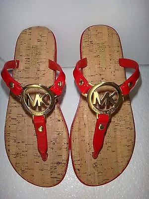 MICHAEL KORS Women Red Jelly Cork Sandals Thongs Flip Flops Gold Logo Size 8 11 • $59.99
