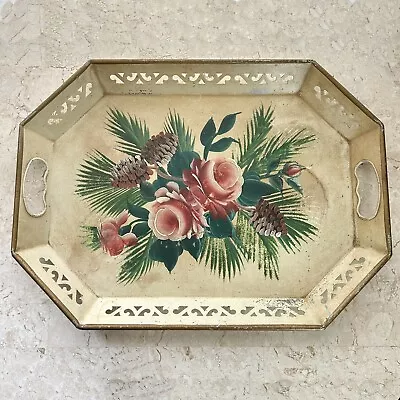 Vintage Nashco Hand Painted Metal Serving Tray Pink Roses Pine Cones Leaves • $39.99
