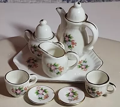 Vintage Miniature 10 Piece Porcelain Tea Set With Pink/Blue Flowers Gold Trim • $19.99