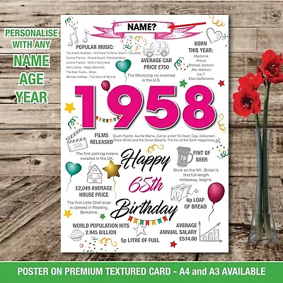 £5.45 • Buy 1958 65th Birthday Personalised Memories UK Birth Year Facts Print Poster 043