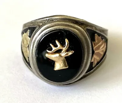 Vintage Black Hills Gold 12K Gold Leaf Elk Sterling Silver Mens Ring Black Onyx  • $175