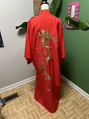 Vintage Chinese Dragon Kimono Robe Women’s Red Floral Embroidered Asian • $9.80