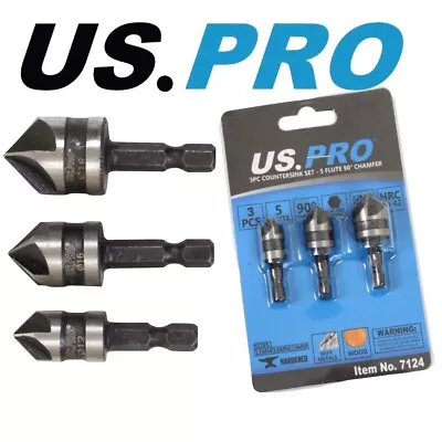 US PRO Countersink Bit Set Quick Change 5 Flute 90* Chamfer Hex Shank 12 16 19mm • £4.85