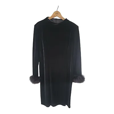 Vintage Jessica Howard Black Velvet Marabou Feather Cuff Dress Size 14 • $74