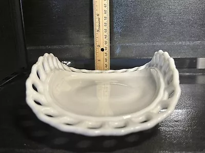 Vintage Open Lace Milk Glass Fruit Plate Basket Bent Edges 12x8x2 • $20