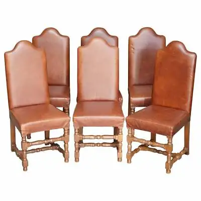Suite Of Six Antique Oak & Heritage Leather Cromwellian Dining Chairs High Backs • $3082.88