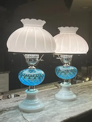 Pair Of Mid Century Blue Coin Dot And Mild Glass Shade And Base Lamps.  • $102