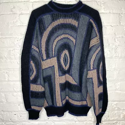 Vintage Alpaca Wool Mens Large Geometric Sweater Long Sleeve Handmade • $29.95