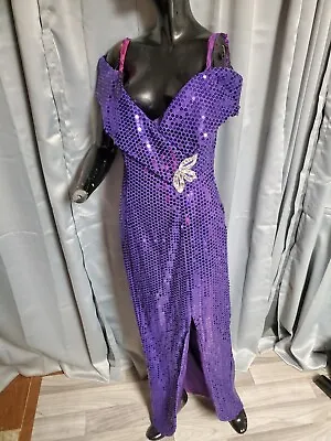 S-M Vtg 80's 90s Prom Pageant Maxi Gown Dress Purple Sequin Puff Sleeve W/bra • $32.99