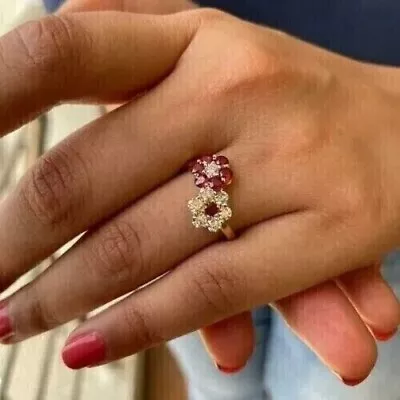 2 Ct Round Cut Simulated Red Ruby Flower Engagement Ring 14K Yellow Gold Plated • $89.99