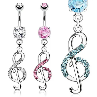 £4.54 • Buy New Novelty Surgical Steel Treble Clef Music Note Dangle Drop Gem Belly Bar