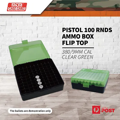 Mtm Pistol 100 Rnds Ammo Box Flip Top 380/9mm Cal Clear Green #p-100-9-16t • $25