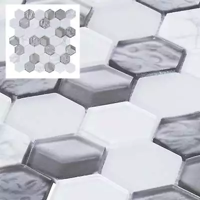 Hexagon White Carrara Marble Stone Metallic Gray Glass Mosaic Tile Backsplash • $3.99