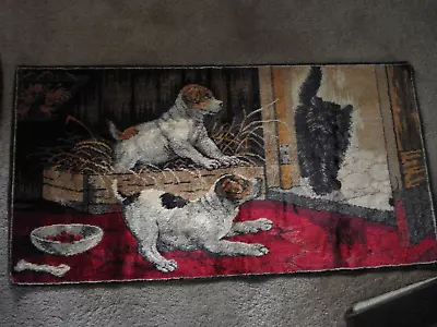 Vintage  Italian Wall Hanging Boho Tapestry Puppies W Cat 20x38 Brilliant Color • $40