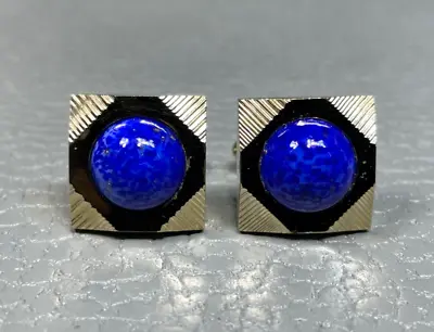 Contemporary Lapis Fluted Edge Yellow Gold Plated Cuff Links • $19.95