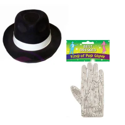 Adults Pop Star Michael Jackson Sparkle Sequin Gloves Black Hat Fancy Dress Set • £12.90