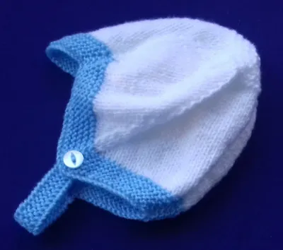 A Hand Knitted Blue/ White Traditional Baby Boys Helmet 3 To 6 Months Size • £2.75