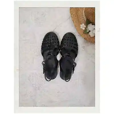 Vintage Black Jelly Gellies Y2K Retro Festival Flat Sandals Size US 8-8.5/EUR 39 • $40